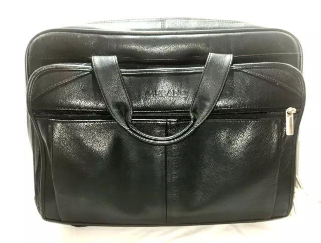 Murano Black Leather Wheeled Portfolio Rolling Carry-On Laptop Briefcase Bag