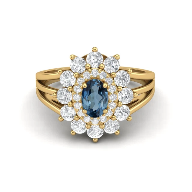 4.29 CT Ovale Naturel Topaze Bleu Londres 10k or Jaune Jarret Fendu Bague