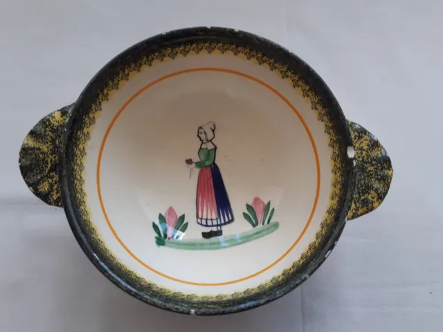 Vintage Henriot Quimper Pottery Soup Bowl Lug Handles Breton Lady BEATRICE Fr.