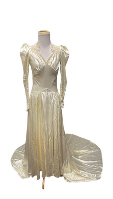 Vintage Ivory Satin Wedding Dress Beaded Long Train Hand Stitched Long Sleeve