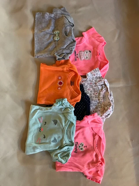 Lot of 7 Onesie/One pc Bodysuits Carter's, Gerber, & Child of Mine Girls Baby