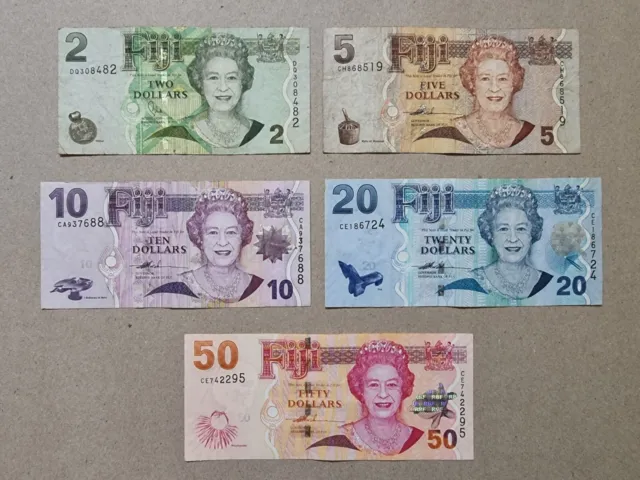 Fiji 2007 - 2012 banknotes Set of 5 queen $2, 5, 10, 20 & 50 dollars FJD QEII