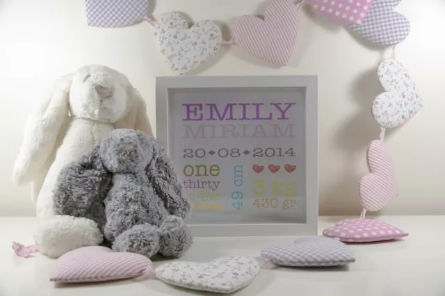 Personalised Baby Girl Birth White Box Frame Newborn Present Gift Custom Printed