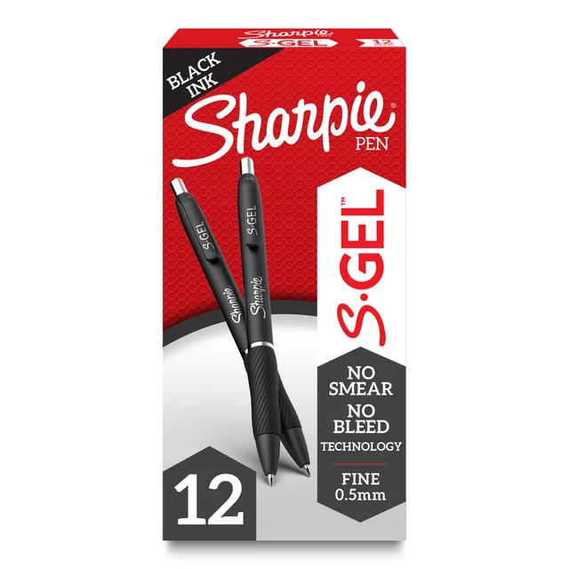 Sharpie S Gel Pens, Fine Point, 0.5 mm, Black Barrel, Black Ink, 12-PK