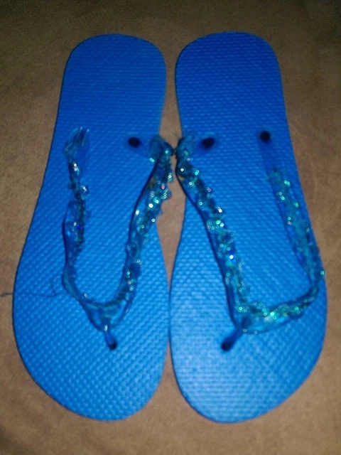 NEW Womens Blue With Lace and Sequins Flip Flops Shoes Size 10