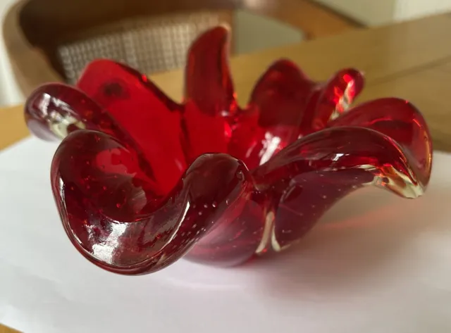 Vintage Ruby Red Bubble Glass Hand Blown Petals Shaped Bowl Marano