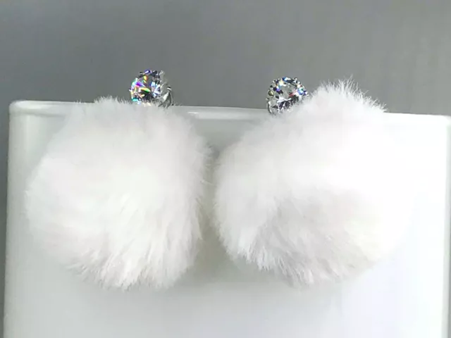 SNOWBALL POMPOM EARRINGS crystal silver plated faux fur large pompom cute earrin