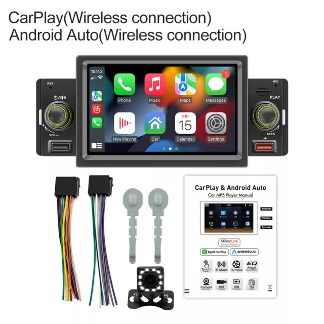 Single 1Din 5" Car Stereo Wireless Apple CarPlay Android Auto BT/USB/TF + Camera