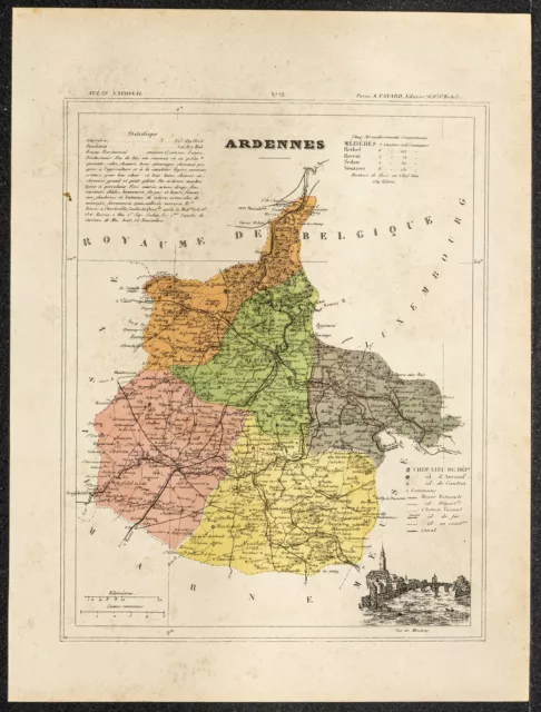 1896 - Ardennes - Carte géographique ancienne - Gravure département