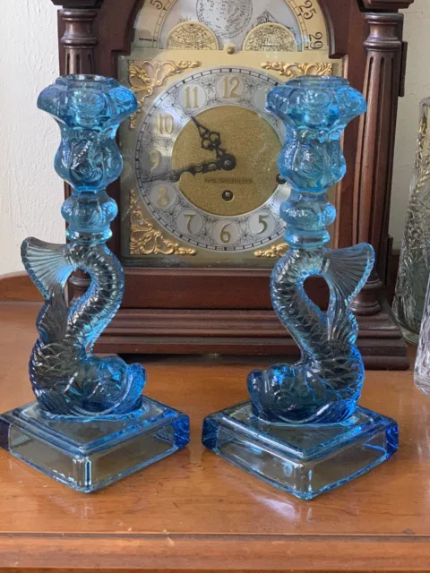 Pair Mma Blue Glass Dolphin Candlesticks, 10 5/8"