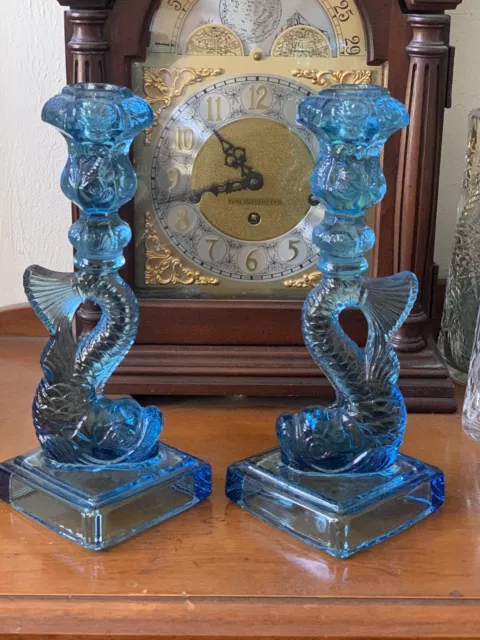 Pair Mma Blue Glass Dolphin Candlesticks, 10 5/8"