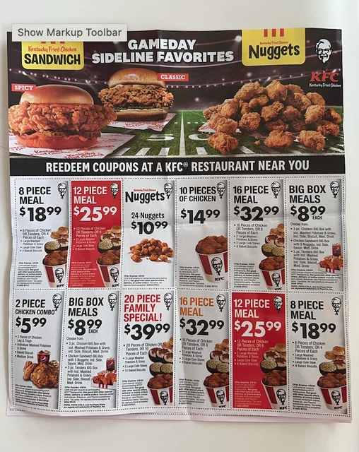 12PC KENTUCKY FRIED Chicken KFC paper coupons book exp 4/8/2024 fast
