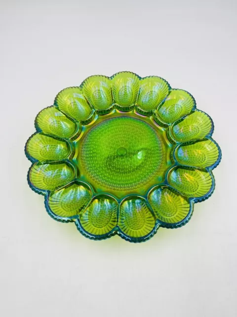 Indiana Glass Co. Iridescent Green Hobnail Egg Relish Dish Plate S8