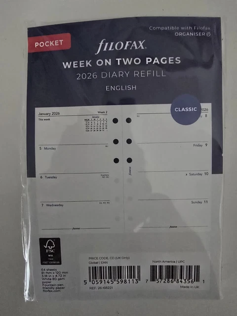 FILOFAX DIARY 2026 Pocket Week On One Page Refill Insert - Uk £4.38 ...