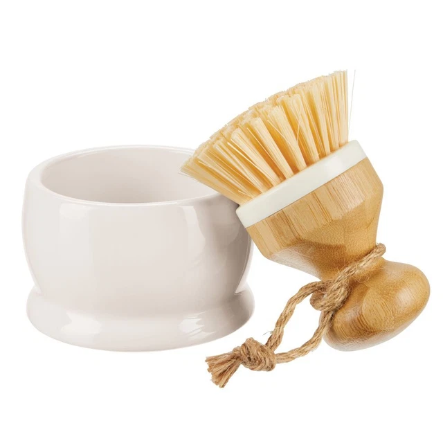 mDesign Bamboo Mini Kitchen Palm Dish Scrubber Brush with Holder - Cream/Natural