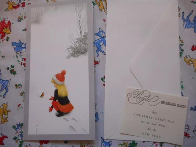 Six unused vintage/kitsch/retro 70's Christmas cards & envelopes - girl & robin 2