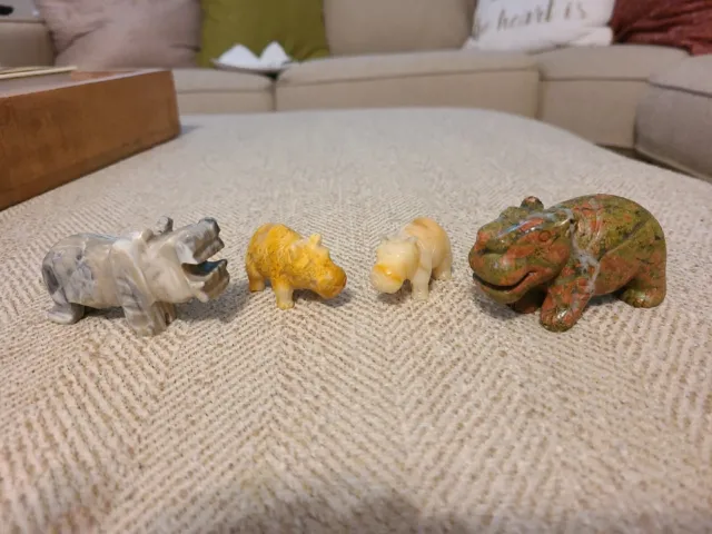 Lot of 4 small hand carved stone hippo hippopotamus figurines