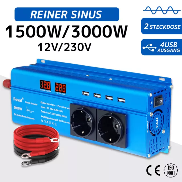 1500W 3000W REINER Sinus Spannungswandler 12V 230V Wechselrichter 4USB 2AC  EUR 101,19 - PicClick DE
