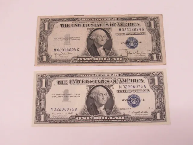 Vintage Series 1935D & 1957A Blue Seal One Dollar Silver Certificate Bills.