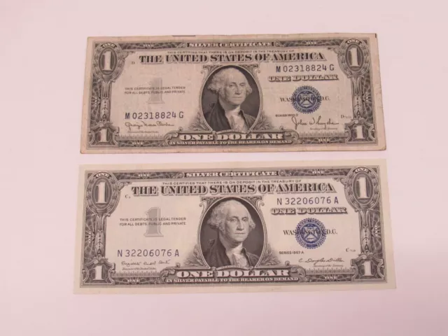 Vintage Series 1935D & 1957A Blue Seal One Dollar Silver Certificate Bills.