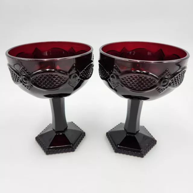 Vintage Avon 1876 Cape Cod Ruby Red Glass Set Of 2 Tall Champagne Sherbet Dish