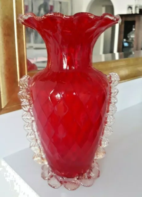 Vintage Murano Salviati Art Glass Rigaree Baluster Vase Red Gold Aventurine