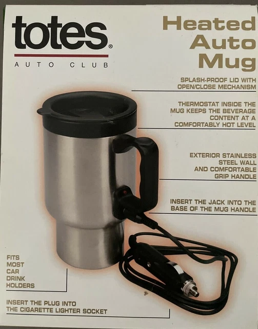 Totes Heated Auto Mug NIB Stainless Steel 12V Splash Proof Handle NEW