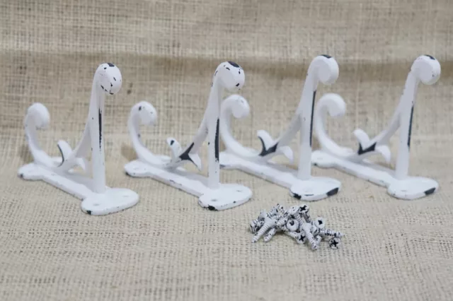 4 White Rustic Coat Hooks Antique Style Cast Iron 4.5" Wall Double Restoration