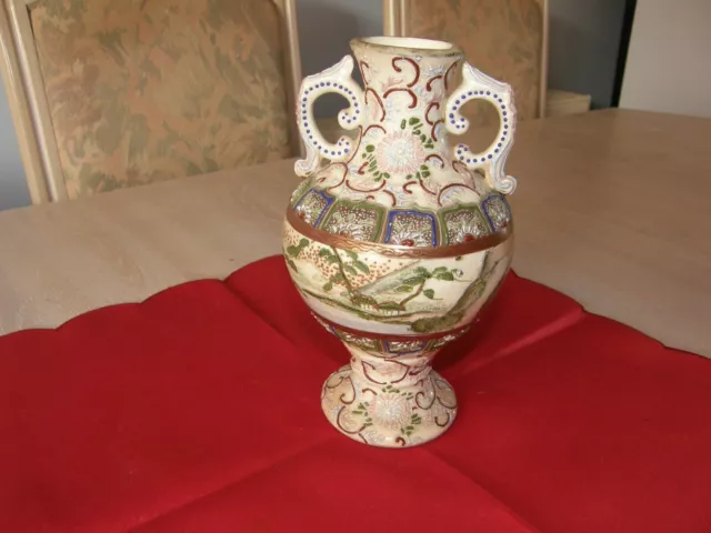 Antique Japanese Meiji Period Satsuma Stoneware Twin Handled Vase, Hand Painted.