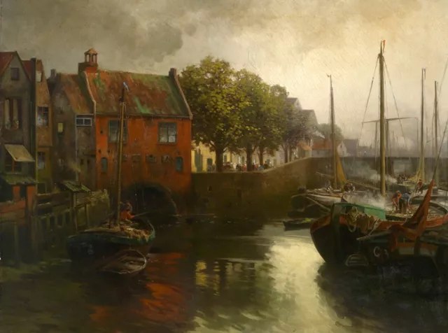 Wonderful Oil painting sunset old town landscape with ship canoes on canvas