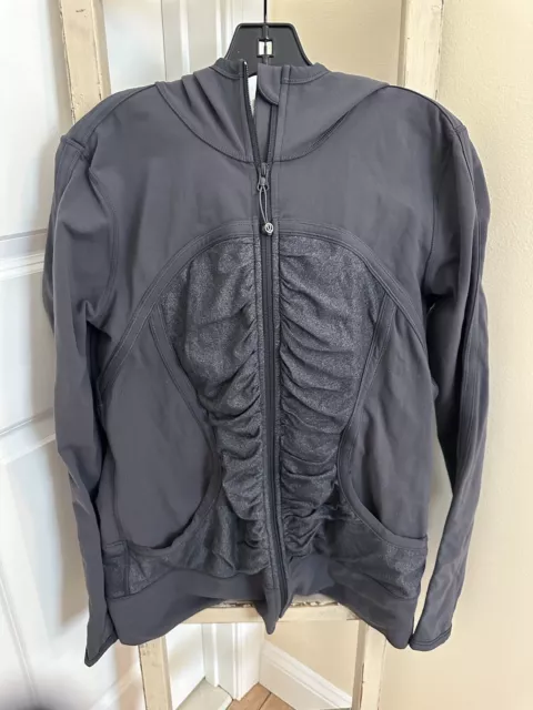 Lululemon Ruffled Zip Up Running Hoodie Jacket Sz 12 Gray Heathered Black