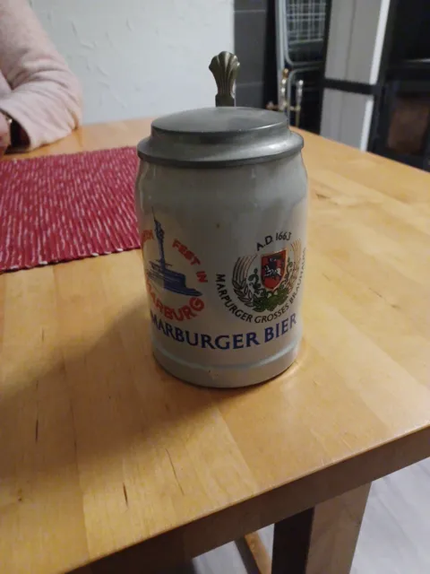 Marburger Brauerei Biergrug mit Zinndeckel 0,5l Steingut