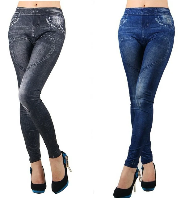 Leggings Nero e Blu Effetto Jeans Fuseaux Pantacollant Discoteca Stampa a Cuore