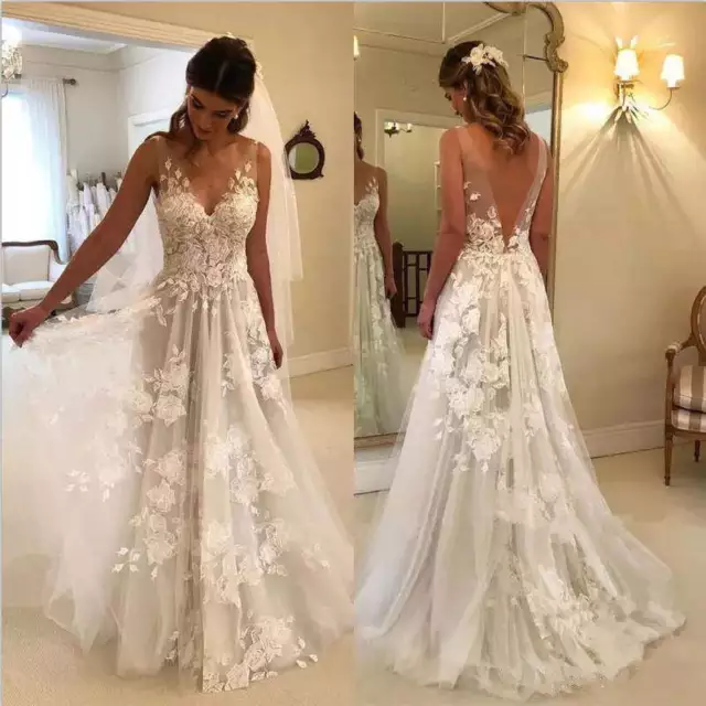 Plus Size Wedding Dresses V Neck Sleeveless Backless Applique A Line Bridal Gown