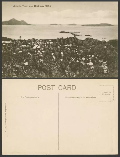 Seychelles Old Postcard Mahe Victoria Town and Harbour Pier Boats Hills Panorama