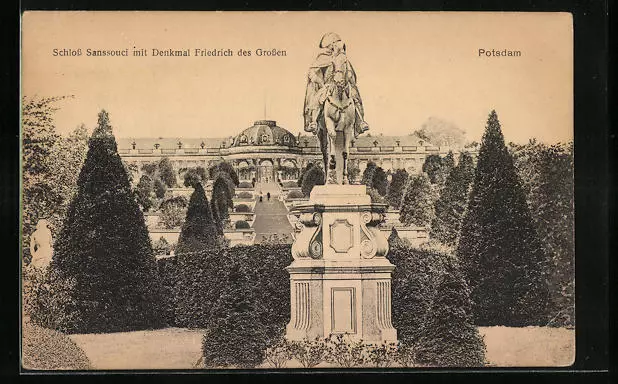 Ansichtskarte Potsdam, Schloss Sanssouci mit Denkmal Friedrich des Großen 1917