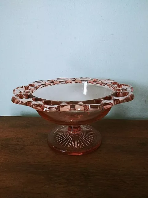 Vintage Pink Depression Glass Footed Candy Bowl with Scalloped Edge