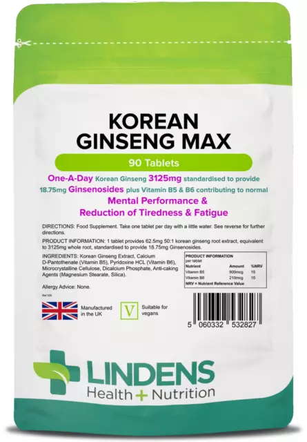Lindens Korean Ginseng Max (Panax) 3125mg | 90 Tablets 1-A-Day | Energy, Mental