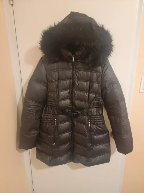 Laundry By Shelli Segal Black Puffer Coat Faux Fur Removable Hood Womens Large