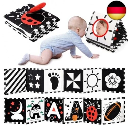 URMYWO Kontrastbuch Baby, Schwarz Weiß Doppelseitig Baby Stoffbuch, Soft