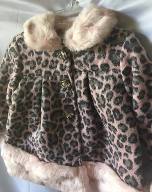 Isobella & Chloe Girls Pink Animal Print Coat With Pink Faux Fur Trim 12M-New