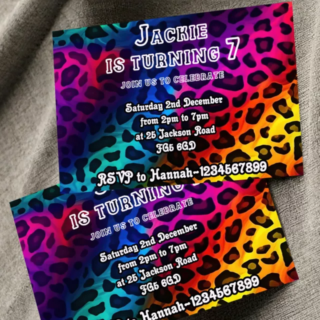 Personalised Leopard Birthday Party Invitations Rainbow Party Invites x10