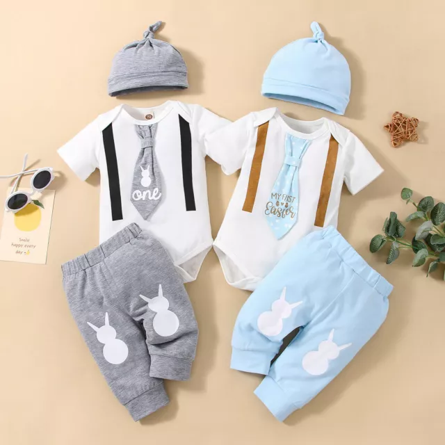 Infant Kids Baby Boys Gentleman Rabbit Printed Romper Bodysuit Pants Hat Outfits
