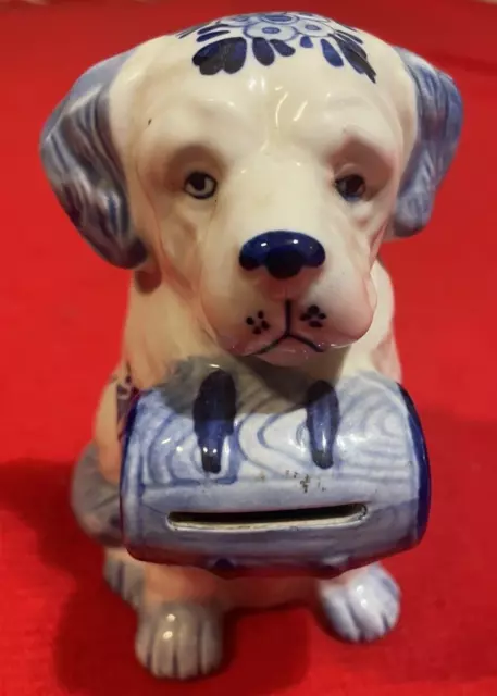 Vintage Delft Blue & White St. Bernard Money Bank Hand Painted  5 Inches Tall