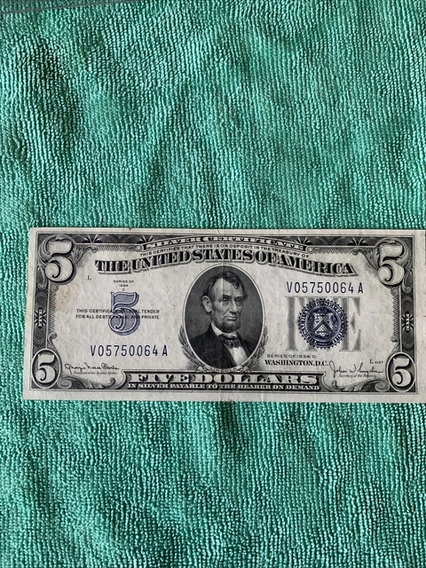 1934-D $5 Silver Certificate Banknote 1934 Five Dollars D Collectible Small Note