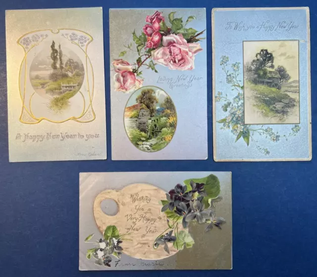 4 Nice Silver Trim New Year Antique Postcards, 2 EMB. UND Backs. Scenes, Flowers