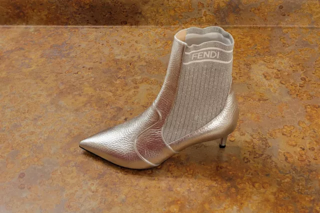 New! Fendi 'Rockoko' Ankle Sock Bootie Silver Womens Size 6 US 36 Eur. MSRP $990