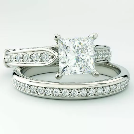 Juego de anillos de novia de oro de 14 quilates con diamantes creados en...