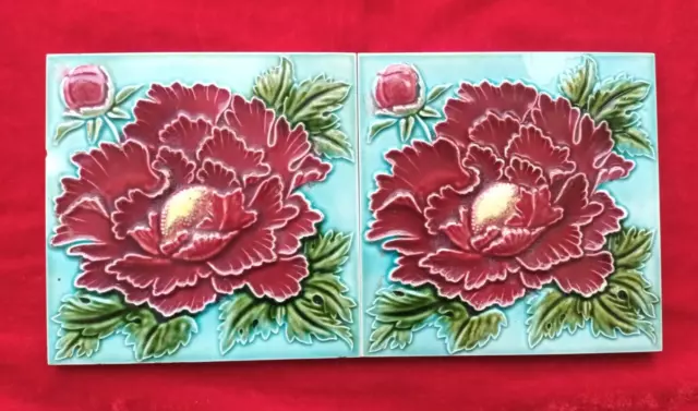 2 Piece Old Art Embossed Rose Flower Design Majolica Ceramic Tiles Japan 0343