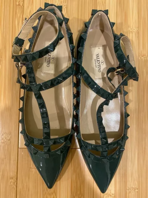 VALENTINO Rockstud Gloss Dark Green Double Ankle Strap Flat Sandal Shoe 36,5 NWB 3